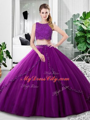 Floor Length Purple Quinceanera Gown Tulle Sleeveless Lace and Ruching
