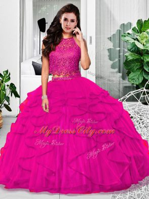 Flare Fuchsia Zipper Quince Ball Gowns Lace and Ruffles Sleeveless Floor Length