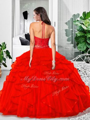 Flare Fuchsia Zipper Quince Ball Gowns Lace and Ruffles Sleeveless Floor Length