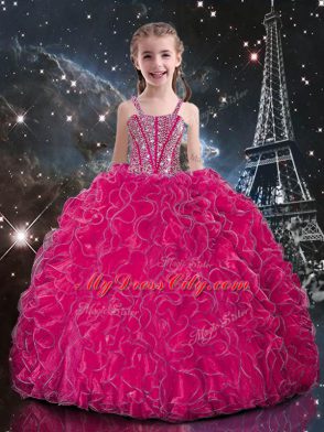 Inexpensive Straps Sleeveless Pageant Dress Floor Length Beading and Ruffles Fuchsia Organza
