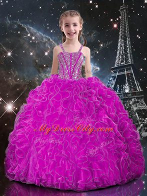 Floor Length Lace Up Pageant Dress for Womens Fuchsia for Quinceanera and Wedding Party with Beading and Ruffles