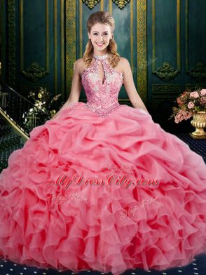 Designer Sleeveless Floor Length Beading and Ruffles and Pick Ups Lace Up Quinceanera Gowns with Watermelon Red