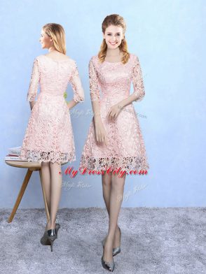 Eye-catching Baby Pink A-line Scoop Half Sleeves Lace Mini Length Zipper Lace Bridesmaid Dresses