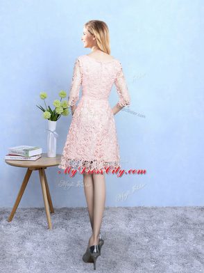 Eye-catching Baby Pink A-line Scoop Half Sleeves Lace Mini Length Zipper Lace Bridesmaid Dresses