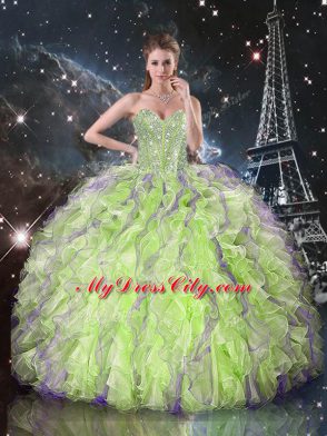 Floor Length Lace Up Quinceanera Gown for Military Ball and Sweet 16 and Quinceanera with Beading and Ruffles