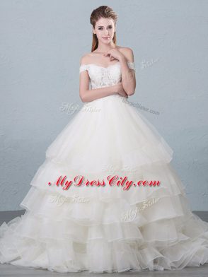 Sleeveless Lace and Ruffled Layers Lace Up Wedding Dress with White Brush Train