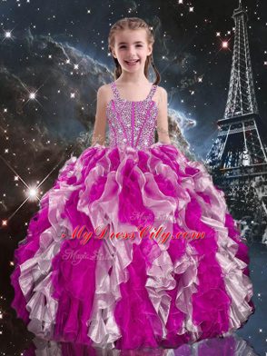 Most Popular Fuchsia Lace Up Womens Party Dresses Beading and Ruffles Sleeveless Floor Length