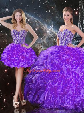 Exquisite Sweetheart Sleeveless 15th Birthday Dress Floor Length Beading and Ruffles Eggplant Purple Organza