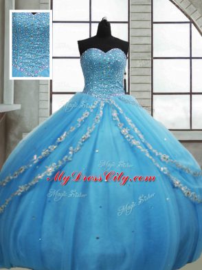 Vintage Baby Blue Ball Gowns Beading and Appliques and Sequins Ball Gown Prom Dress Lace Up Tulle Sleeveless Floor Length