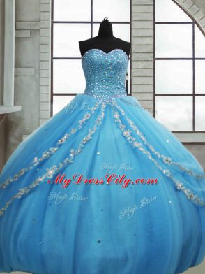 Vintage Baby Blue Ball Gowns Beading and Appliques and Sequins Ball Gown Prom Dress Lace Up Tulle Sleeveless Floor Length