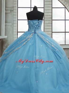 Vintage Baby Blue Ball Gowns Beading and Appliques and Sequins Ball Gown Prom Dress Lace Up Tulle Sleeveless Floor Length