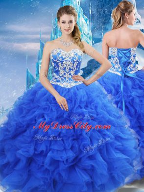 Beautiful Blue Lace Up 15 Quinceanera Dress Beading and Ruffles Sleeveless Floor Length