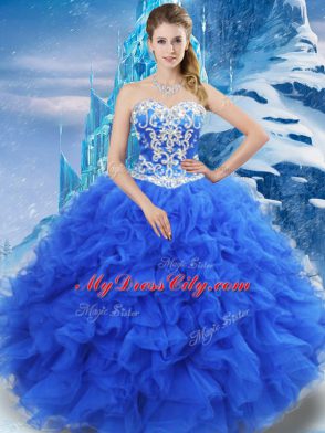 Beautiful Blue Lace Up 15 Quinceanera Dress Beading and Ruffles Sleeveless Floor Length