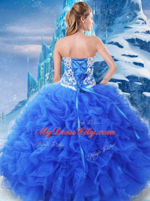 Beautiful Blue Lace Up 15 Quinceanera Dress Beading and Ruffles Sleeveless Floor Length