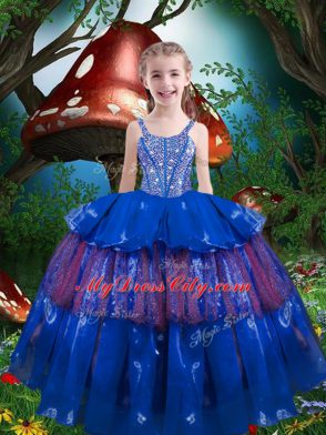 Blue Lace Up Straps Beading and Ruffled Layers Party Dress Organza Sleeveless