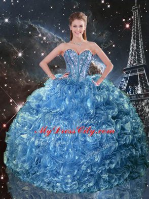 Beading and Ruffles Quinceanera Dress Baby Blue Lace Up Sleeveless Floor Length