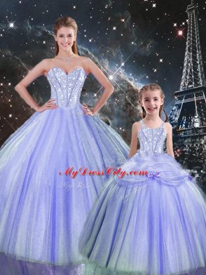 Fashionable Floor Length Lace Up Ball Gown Prom Dress Lavender for Military Ball and Sweet 16 and Quinceanera with Beading