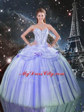 Fashionable Floor Length Lace Up Ball Gown Prom Dress Lavender for Military Ball and Sweet 16 and Quinceanera with Beading