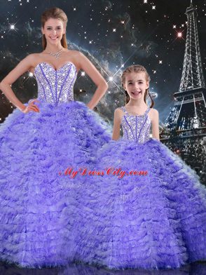 Sleeveless Floor Length Beading and Ruffles Lace Up Quinceanera Gowns with Lavender