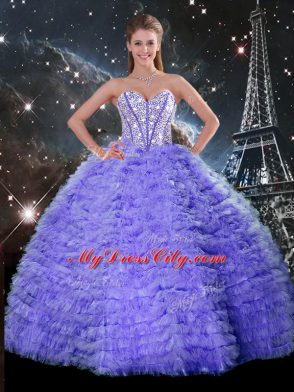 Sleeveless Floor Length Beading and Ruffles Lace Up Quinceanera Gowns with Lavender