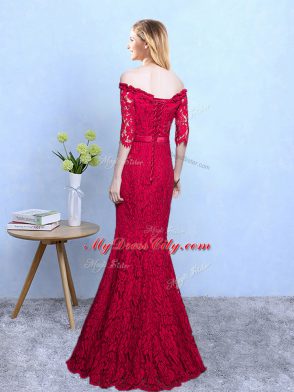 Wine Red Mermaid Lace Quinceanera Court of Honor Dress Lace Up Lace Half Sleeves Floor Length