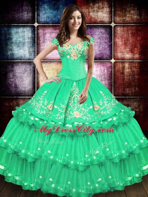Most Popular Off The Shoulder Sleeveless Lace Up Sweet 16 Dresses Turquoise Taffeta