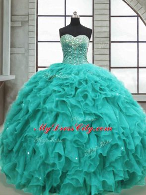 Discount Floor Length Lace Up Quince Ball Gowns Turquoise for Military Ball and Sweet 16 and Quinceanera with Beading and Ruffles