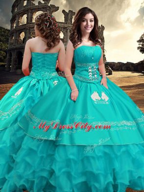 Unique Floor Length Zipper 15 Quinceanera Dress Turquoise for Military Ball and Sweet 16 and Quinceanera with Embroidery and Ruffled Layers