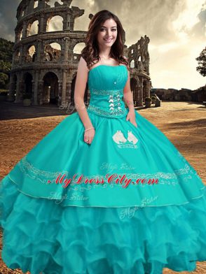 Unique Floor Length Zipper 15 Quinceanera Dress Turquoise for Military Ball and Sweet 16 and Quinceanera with Embroidery and Ruffled Layers
