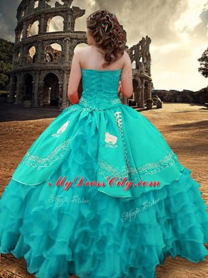 Unique Floor Length Zipper 15 Quinceanera Dress Turquoise for Military Ball and Sweet 16 and Quinceanera with Embroidery and Ruffled Layers