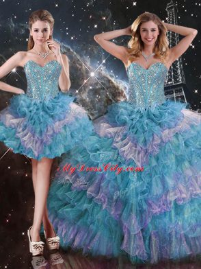 Multi-color Lace Up Quinceanera Gowns Beading and Ruffled Layers Sleeveless Floor Length