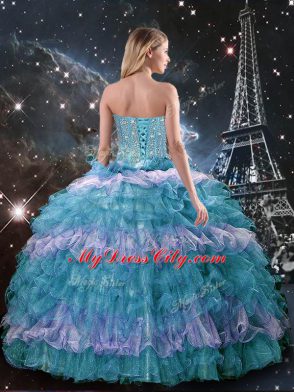 Multi-color Lace Up Quinceanera Gowns Beading and Ruffled Layers Sleeveless Floor Length