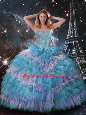 Multi-color Lace Up Quinceanera Gowns Beading and Ruffled Layers Sleeveless Floor Length