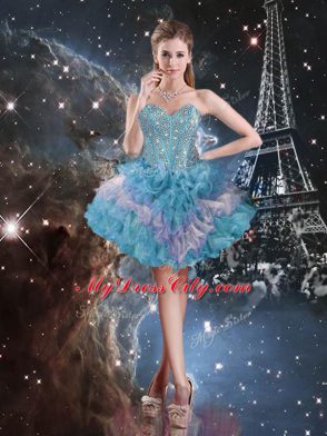 Multi-color Lace Up Quinceanera Gowns Beading and Ruffled Layers Sleeveless Floor Length