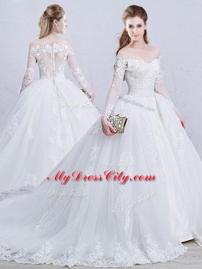 White Zipper Wedding Gown Lace and Appliques Long Sleeves Brush Train