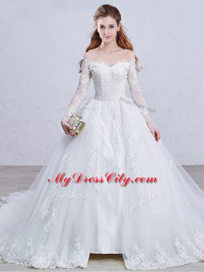 White Zipper Wedding Gown Lace and Appliques Long Sleeves Brush Train