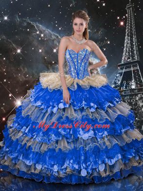 Artistic Sweetheart Sleeveless Organza Sweet 16 Dress Beading and Ruffles and Ruffled Layers Lace Up