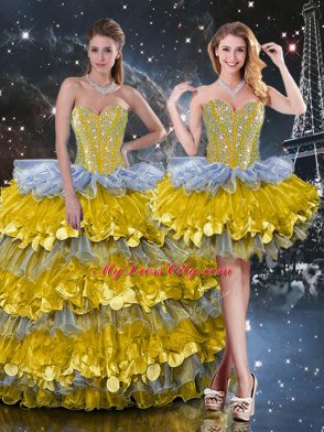 Sleeveless Organza Floor Length Lace Up Sweet 16 Dress in Multi-color with Beading and Ruffled Layers