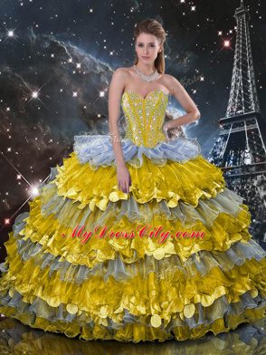 Sleeveless Organza Floor Length Lace Up Sweet 16 Dress in Multi-color with Beading and Ruffled Layers