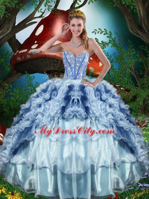 Suitable Sleeveless Organza Floor Length Lace Up 15 Quinceanera Dress in Multi-color with Beading and Ruffles and Ruffled Layers