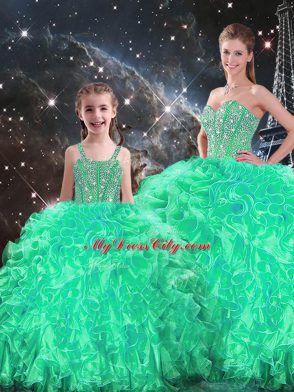 Flirting Turquoise Ball Gowns Sweetheart Sleeveless Organza Floor Length Lace Up Beading and Ruffles 15th Birthday Dress