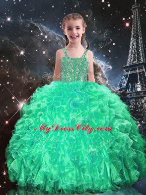 Flirting Turquoise Ball Gowns Sweetheart Sleeveless Organza Floor Length Lace Up Beading and Ruffles 15th Birthday Dress