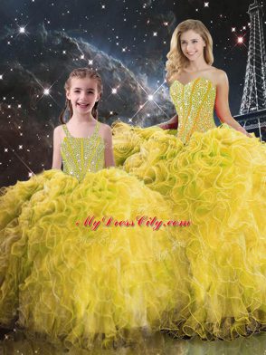 Sweetheart Sleeveless Organza Vestidos de Quinceanera Beading and Ruffles Lace Up