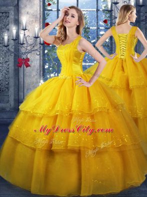 Amazing Gold Quinceanera Dress Military Ball and Sweet 16 and Quinceanera with Ruffled Layers Straps Sleeveless Lace Up