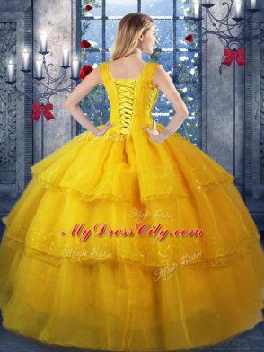 Amazing Gold Quinceanera Dress Military Ball and Sweet 16 and Quinceanera with Ruffled Layers Straps Sleeveless Lace Up