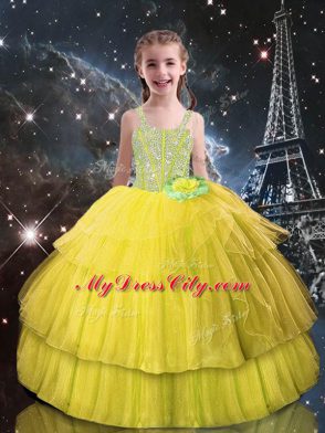 Wonderful Light Yellow Tulle Lace Up Pageant Dress for Girls Sleeveless Floor Length Beading and Ruffled Layers