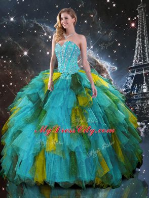 Simple Multi-color Quince Ball Gowns Military Ball and Sweet 16 and Quinceanera with Beading and Ruffles Sweetheart Sleeveless Lace Up