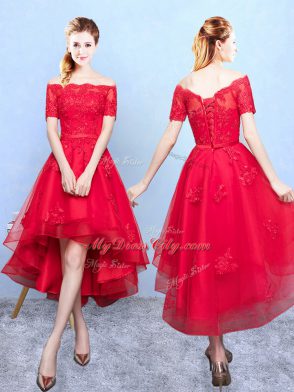 Wine Red A-line Organza Off The Shoulder Half Sleeves Appliques High Low Lace Up Bridesmaids Dress