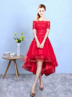 Wine Red A-line Organza Off The Shoulder Half Sleeves Appliques High Low Lace Up Bridesmaids Dress