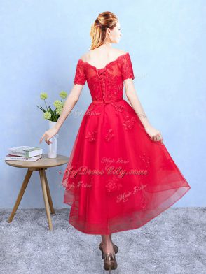Wine Red A-line Organza Off The Shoulder Half Sleeves Appliques High Low Lace Up Bridesmaids Dress